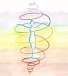 Abstract colorful line drawing of a stylized human figure with spiraling energy readings emanating upward, set against a soft multicolored background.