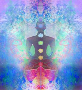 Digital artwork depicting a symmetrical, colorful representation of a meditating figure with chakra symbols overlaid, set against a muted, psychedelic background.
